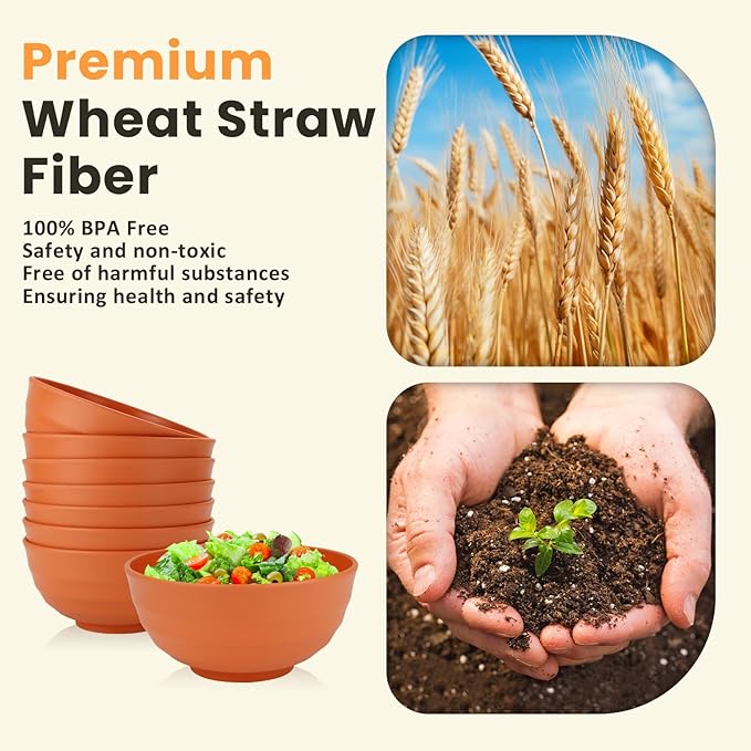 Homienly Large Bowl Set of 8, 60 oz Orange Wheat Straw Bowls, Unbreakable & Microwave Safe, Big Soup and Salad Bowls for Wedding, Party, Camping, Family Dining