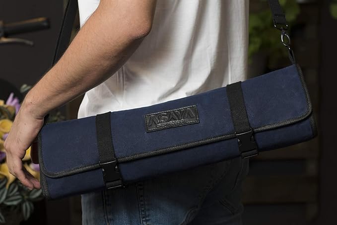 Asaya Canvas Chef Knife Roll Bag - 10 Knife Slots and a Large Zipper Pocket - Durable 10oz Canvas Knife Case with an Adjustable Shoulder Strap - Knives not Included