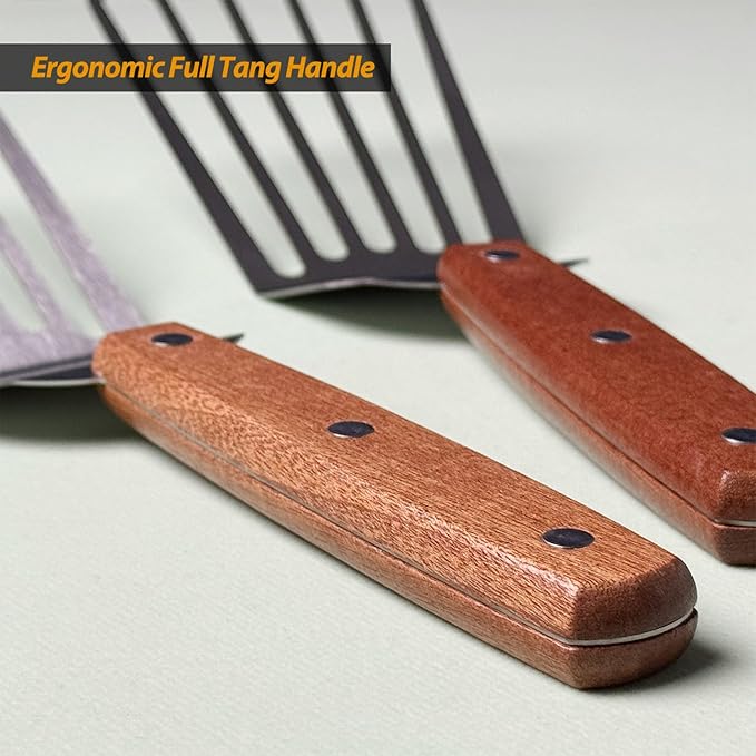 2 Pack Offset Fish Spatula Turner, Stainless Steel Slotted Spatulas for Flipping, Turning, Frying & Grilling, Offset Metal Slotted Spatulas, Wooden Full Tang Handle