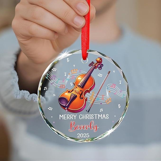 Personalized Musical Instrument Xmas Glass Ornaments, Violin Instrument Ornament for Violin Lovers, Custom Text & Name Violinist Christmas Keepsake, Music Teacher Glass Ornament 2025