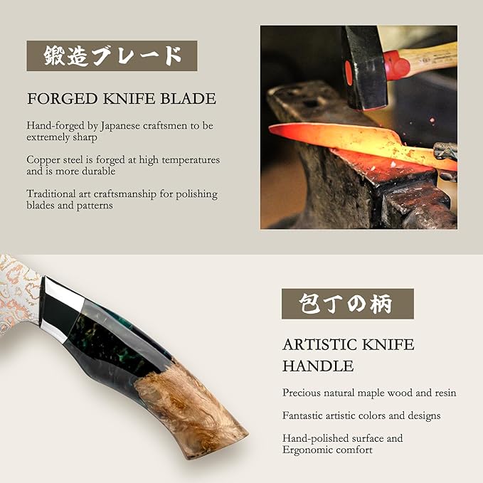 SHAN ZU Damascus Knife Set, Copper & Damascus Steel Japanese Kitchen Knives, High Carbon 33 Layer Hand Forged Utility Knife Professional Sharp Kitchen Knife with Maple Wood Handle