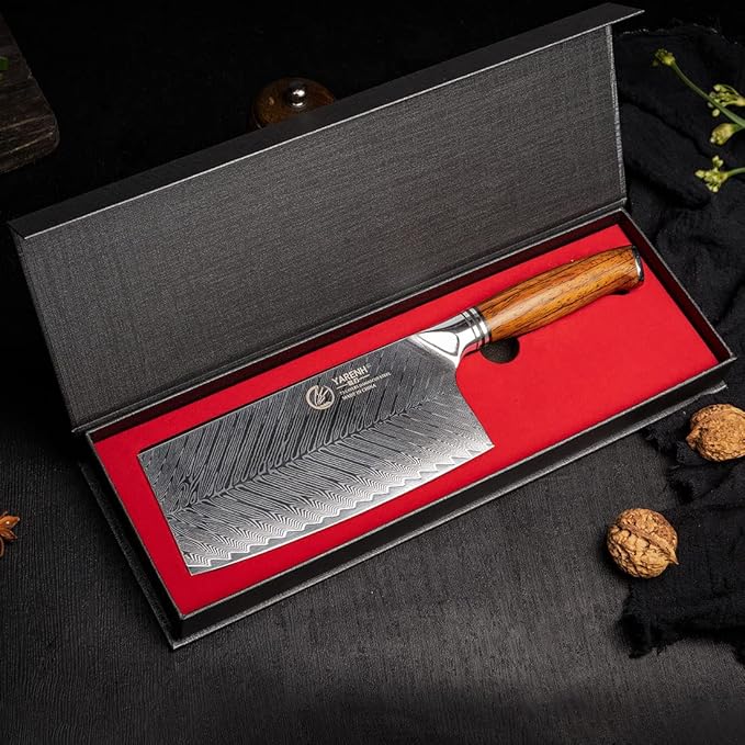 YARENH Professional Chef Knife, Cleaver Knife 7 Inch, 73 Layers Damascus Stainless Steel, Full Tang Natural Sandalwood Handle, with Gift Box
