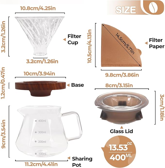 Pour Over Coffee Maker 400ml Borosilicate Glass Drip Coffeemaker Server Set with 50pcs V60 Cone Paper Filters Walnut Collar Glass Lid Clear Hand Brew Dripper Carafe for Home Camping Travel 13.53oz