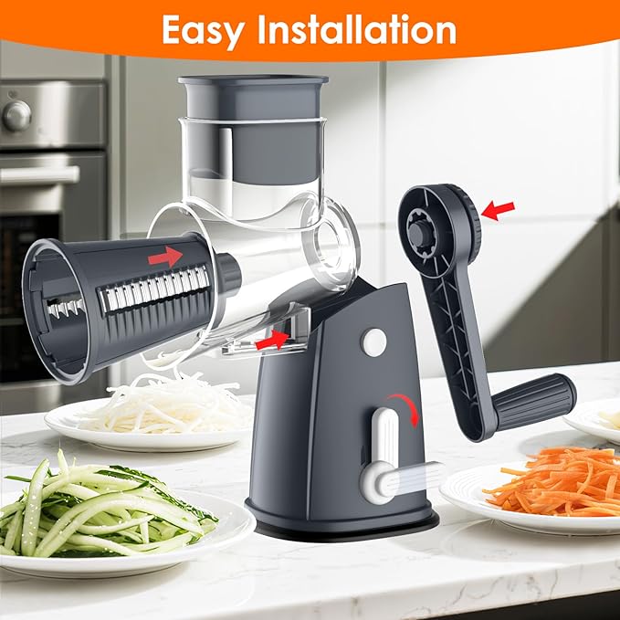 5 Blade Rotary Cheese Grater Hand Crank with Storage Box, Vegetable Chopper, Cheese Shredder for Cheeses, Veggies, Nuts - Easy to Use, Non-slip Suction Base, Gray
