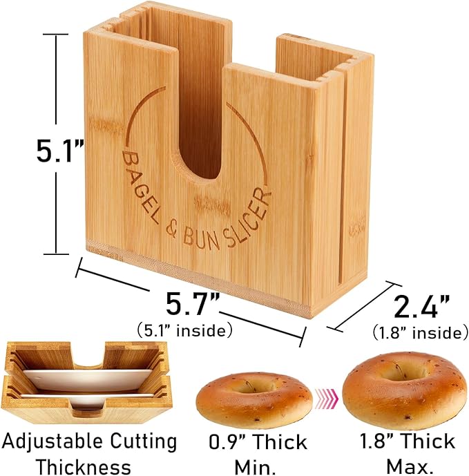 Adjustable Bagel Slicer Holder | Bamboo Bagel Cutting Holder with Width Adjustable Slots for Small & Large Bagels, Buns & English Muffins, Knife Groove for Long Bread Knife + Non-Slip Base