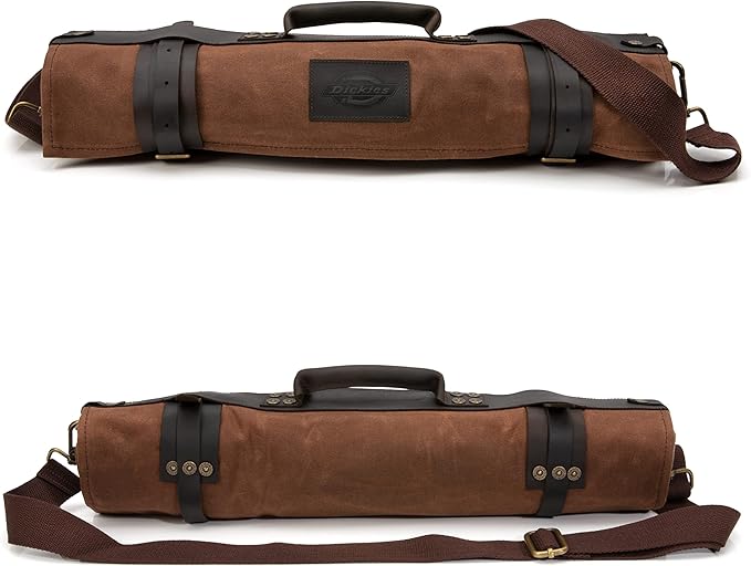 Dickies Chef Knife Roll Bag Portable Organizer and Cutlery Storage Roll, Waxed Canvas and Leather, Large