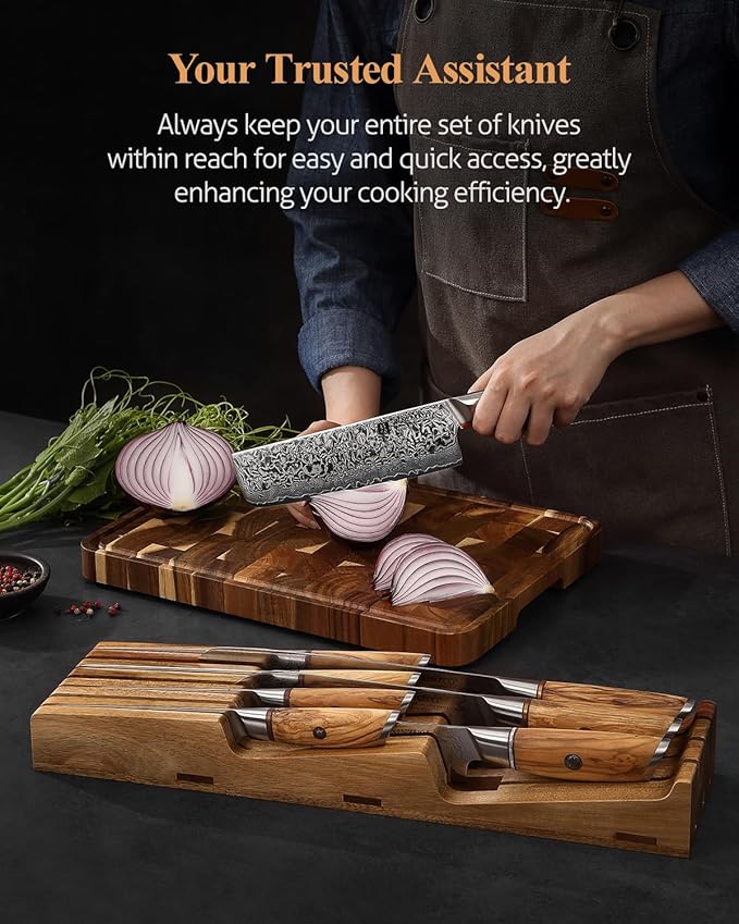 XINZUO In-drawer Knife Block, Natural Acacia Knife Drawer Oganizer, Insert-Kitchen Storage Holder, 7 Slots, Holds up to 7 Various Size Knives, Countertop Saving&Knife Protective