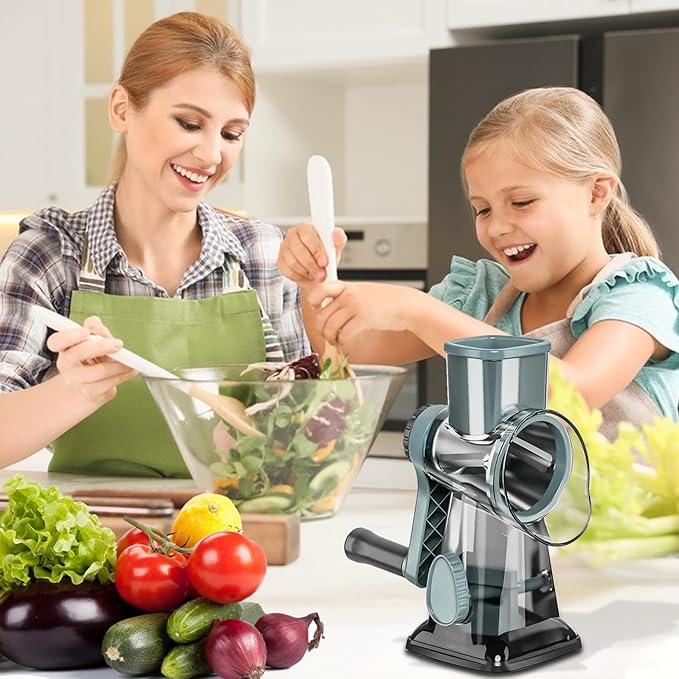 XUANYILA Rotary Cheese Cheese Grater Hand Crank Vegetable Cheese Grater for Kitchen 3 Changeable Blades for Cheese Potato Zucchini Nuts Chocolate - GreyBlue