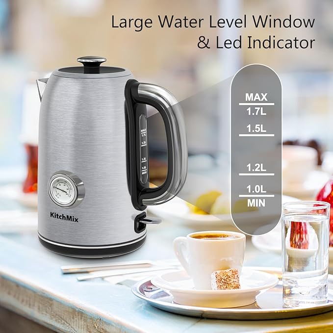 Electric Tea Kettles1500W, 1.7L Stainless Steel Tea Kettle with Thermometer, Auto Shut-Off & Boil-Dry, Cool Touch Handle, BPA Free (Stainless steel)