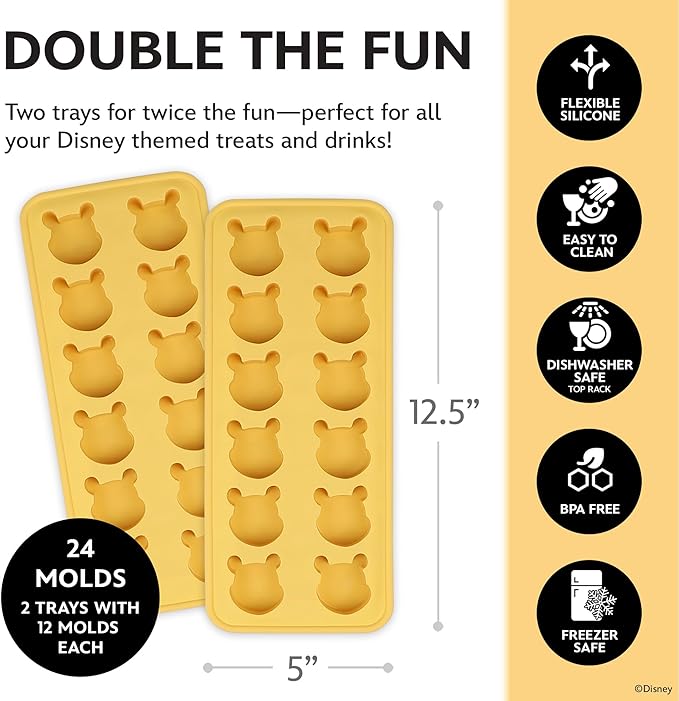 Disney Pooh Silicone Ice Cube Tray – 2 Pack Ice Trays for Freezer with Fun Pooh Ice Molds – Flexible BPA-Free Silicone Molds for Ice, Chocolate, and More (Pooh (Yellow))