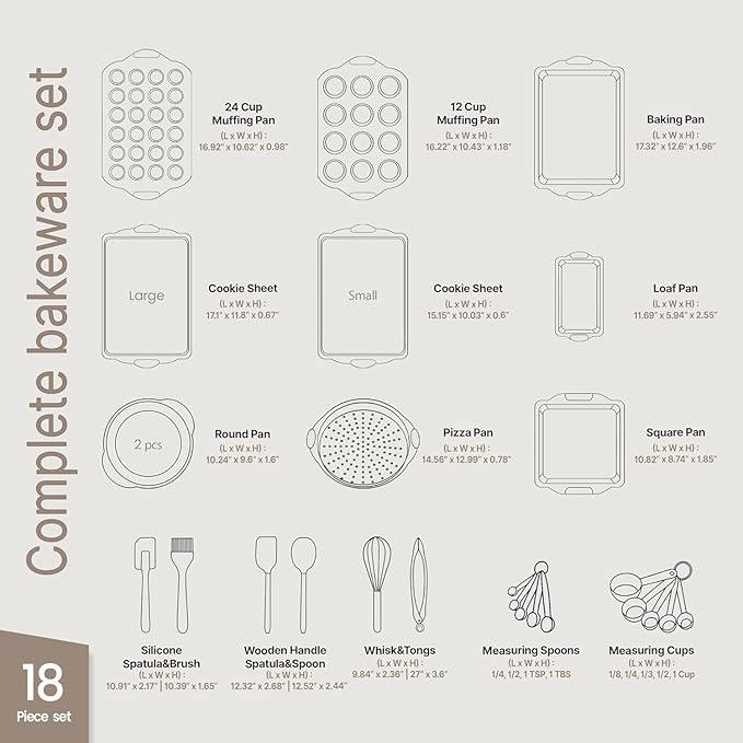 BAKKEN Kitchen Baking Pan Set - Nonstick Coating, Carbon Steel Bakeware Sets with Red Silicone Handles, Baking Kitchen Essentials, PFOA, PFOS, PTFE Free, Oven Safe Tray (Up To 450° F), Set of 18
