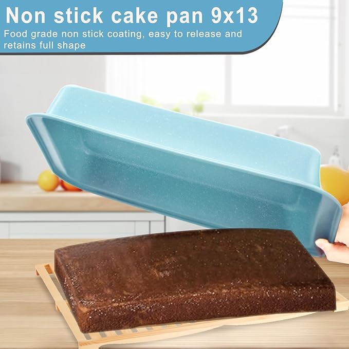 9x13 Baking Pan Set of 2, Nonstick 13 x 9 Cake Pan for Oven, Deep Rectangle Pan for Brownies, Lasagna, Roasting, Blue Carbon Steel Bakeware Gift
