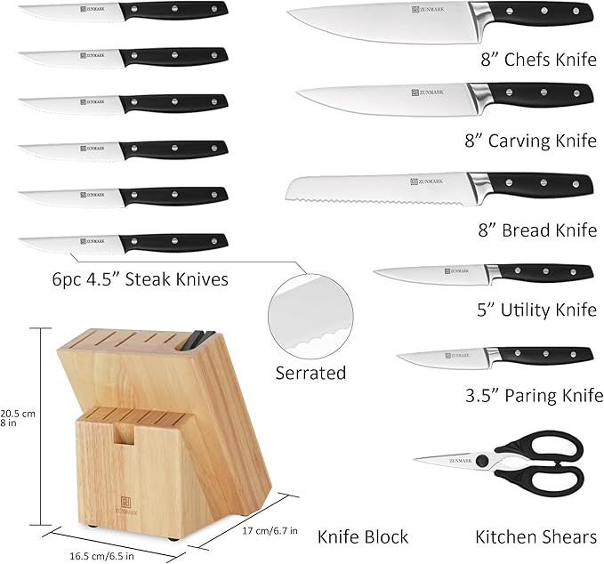 Kitchen Knife Set, Professional 13 Piece Knife Set with Block and Sharpener, Sharp Chef Knife Set, Ideal for Home and Restaurants, Elegant Black