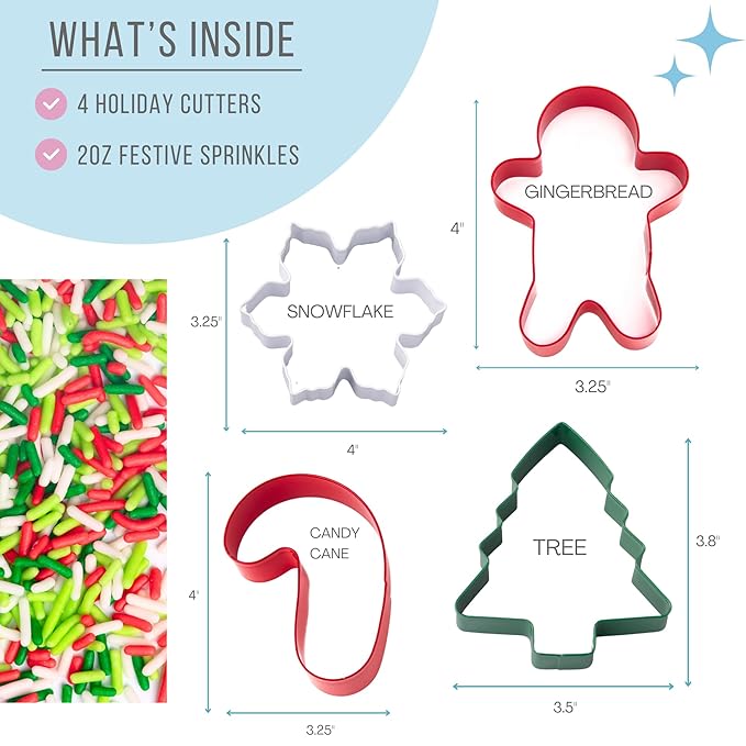 Sweets Indeed Holiday Cookie Cutter & Sprinkle Set – 4-Pack | Gingerbread, Snowflake, Candy Cane & Tree Cookie Cutters with 1.5 oz Christmas Sprinkle Mix | Holiday Baking Kit