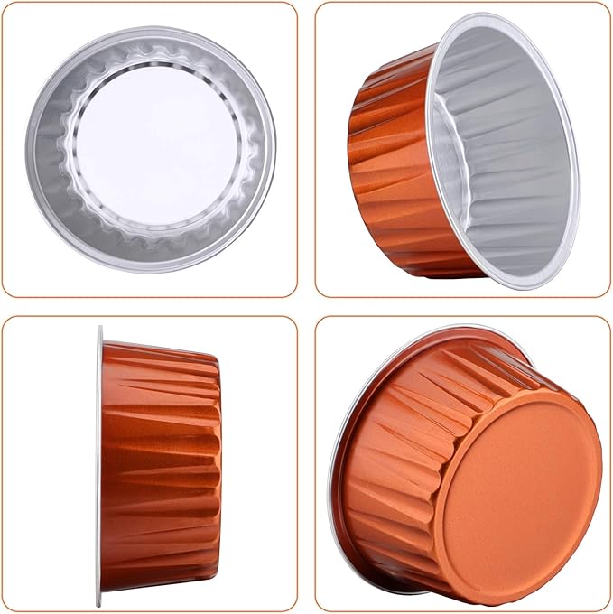 EUSOAR Aluminum Foil Cups, 5oz 50pcs muffin Baking Cups with Lids, 3.34"x2.59"x2.35" 125ml Snacks Desserts Flan, Cupcake Pie Ramekin, Recyclable Catering Party Favor Baking Cups-Caramel
