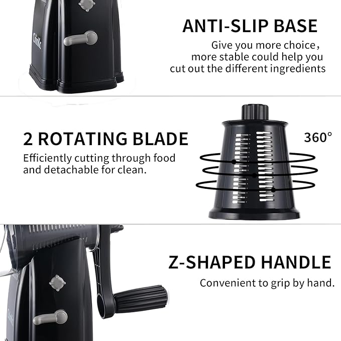 Rotary Cheese Grater Shredder - Upgraded 5 in 1 Cheese Grater with Handle and Strong Suction Base, Multi-purpose Julienne Slicer Ice Shaver Nuts Grinder for Ice, Vegetables, Fruit, Nuts