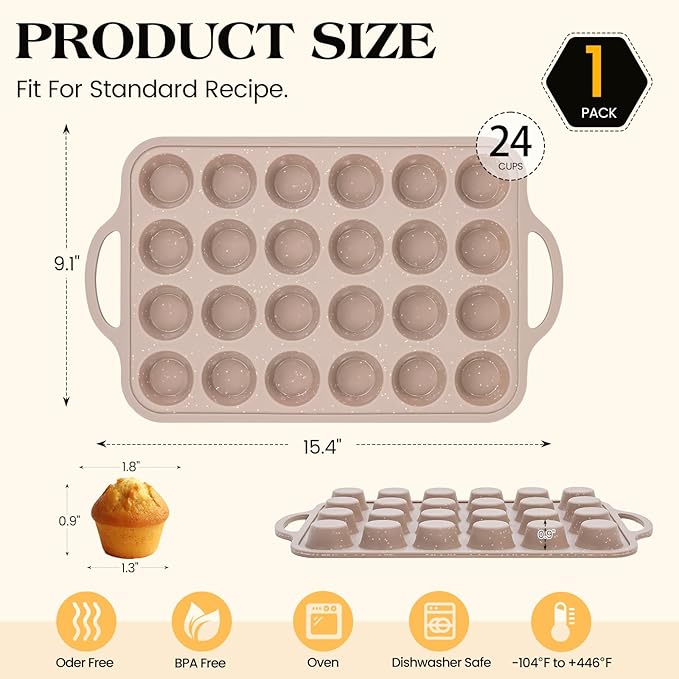 Vinino Mini Silicone Muffin Pans for Baking with Metal Reinforced Frame, 24 Cups Brown Regular Size Nonstick Cupcake Pan, BPA Free Oven Dishwasher Safe Baking Mold for Muffins Cupcakes