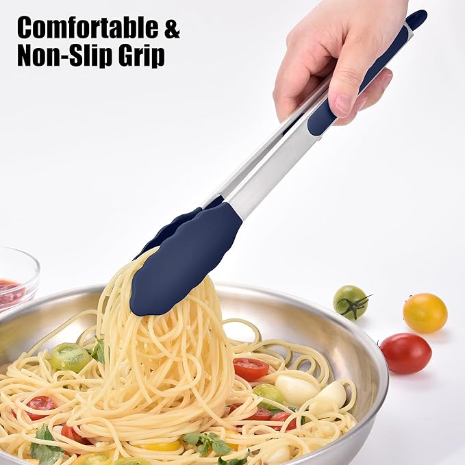 Doosu Kitchen Tongs for Cooking - 600°F Heat Resistant Food Tong with Non-Scratch Silicone Tips, Heavy Duty Stainless Steel Locking Tong for BBQ, Grilling Steak, Serving Salad Pasta (12in, Navy Blue)