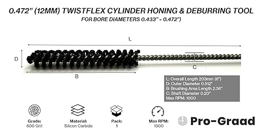 TwistFlex 0.472” (12mm) 600SC Cylinder Hone | Flexible Cylinder Honing & Deburring Tool | Bore Brush for Hole Diameters 0.433” – 0.472” | Silicon Carbide 600 Grit | 0.20" Shank | 8" Length