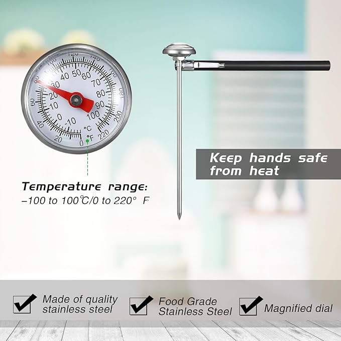 Xuhal 12 Pcs Stainless Steel Kitchen Thermometer with 5 Inch Long Stem 1 Inch Dial Thermometer Milk Frothing Food for Oven Probe Meat Grill BBQ Cooking Chocolate Water (Black)