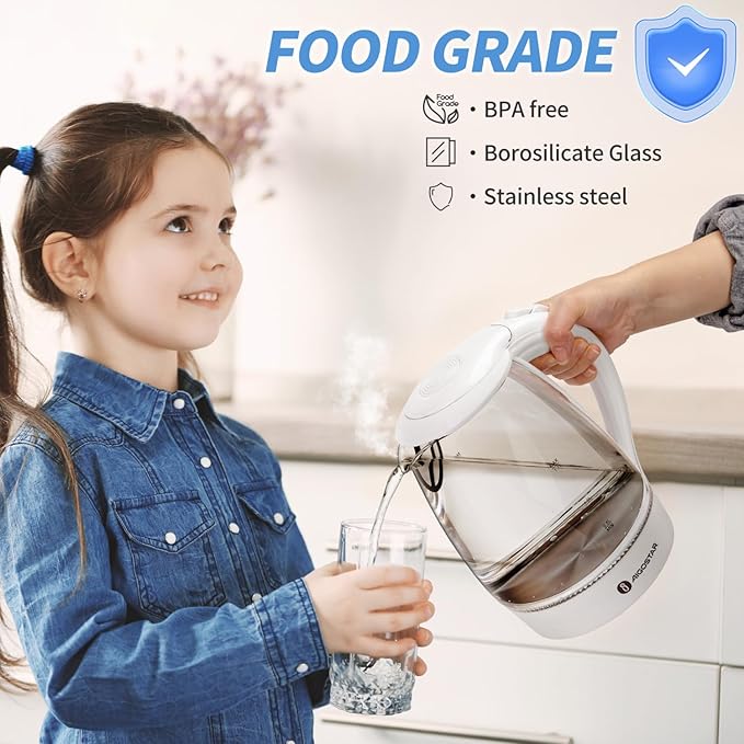 Aigostar Electric Kettle, 1500W Glass Electric Tea Kettle Rapid Heating, Borosilicate Glass, Auto Shutoff and Boil-Dry Protection, Hot Water Boiler BPA Free and Cordless with LED Indicator, 1.7 Liter