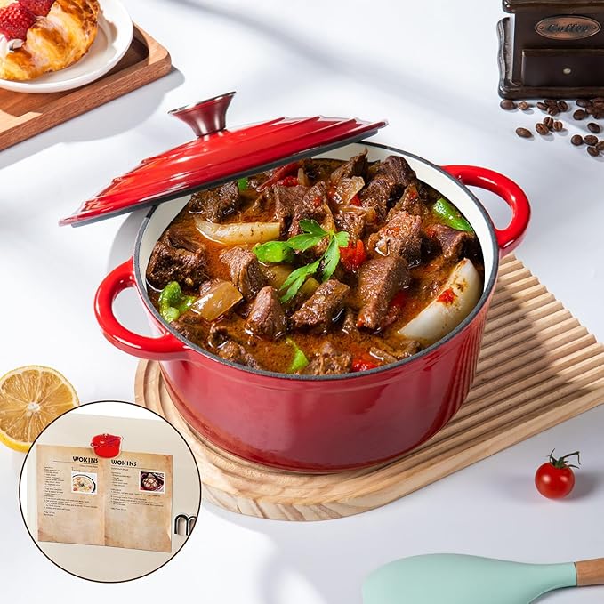 Enameled Cast Iron Dutch Oven Pot with Lid Heavy-Duty Cookware for Bread Baking, Braising, Stews, Roasting,5.5QT，red
