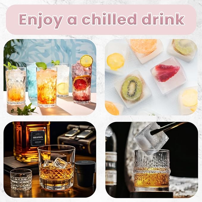 Large Silicone Ice Cube Trays with Lid, 6 Big Ice Cubes per Tray, Include 19.5cm/7.7in Ice Tongs - Perfect for Freezer, Whiskey, Cocktails