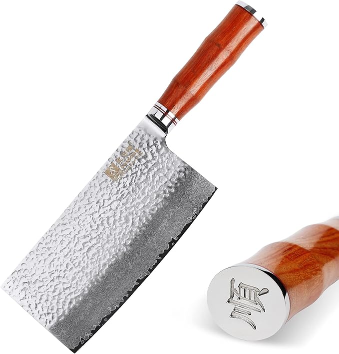 SUNLONG Meat Cleavers 7 inch Damascus Vegetable Cleaver Japanese Hammered Damascus Steel Bloodwood Handle