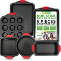 NutriChef 6-Piece Nonstick Bakeware Set - Carbon Steel Baking Pans Set w/ Heatsafe Red Silicone Handles, Oven Safe Up to 450°F, Loaf Muffin Round/Square Pans, Cookie Sheet, Baking Pan -NCSBS6S,Black
