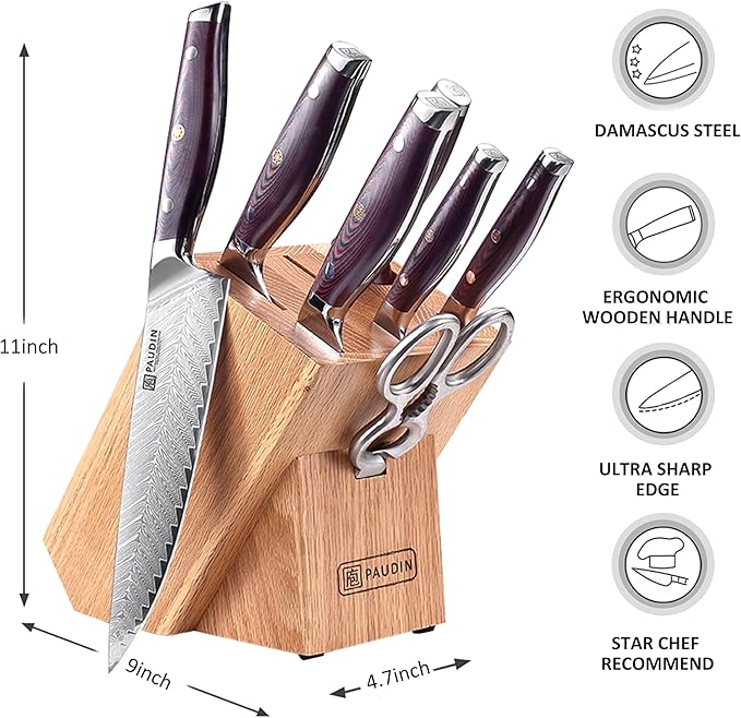 PAUDIN Damascus Knife Set 8 Pieces, Kitchen Knife Set with Block 67-layers Damascus steel, Ultra Sharp Japanese Knife Set with Full Tang G10 Handle, Chef Knife Block Set