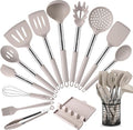 HOTEC 446°F Heat Resistant Silicone Kitchen Utensils, Cooking Utensil Set, Spatula Set, BPA Free, Kitchen Gadgets, With Stainless Steel Utensils Holder, Dishwasher Safe 14pcs Khaki