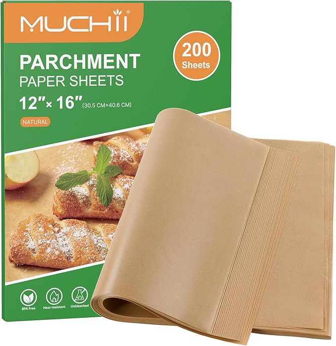 MUCHII 200 Pcs Parchment Paper Sheets, 12 x 16 Inch Precut Non-Stick Baking Parchment for Oven, Grilling, Steaming, Air Fryer, and Half Sheet Pans