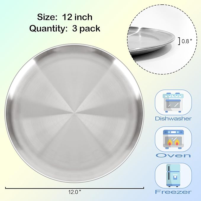 12 Inch Pizza Pan Set of 3 for Oven, Non-Stick Stainless Steel Pizza Steel, Sturdy Non-Toxic Round Pizza Pans Tray for Cookie Pizza Pie Cake, Dishwasher Safe & Easy Clean
