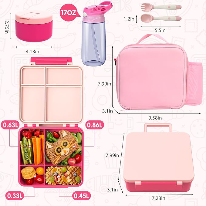Kids Bento Lunch Box with 4 Compartments, Insulated lunch Bag, Water Bottle, Stainless Steel Food Jar, Birthday Gifts for Ages 3-12 Back to School Toddler Girls Boys