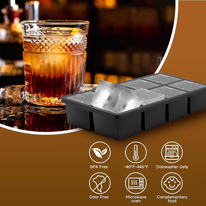 Samuelworld Large Silicone Ice Cube Tray Molds, Big 2 Inch Cubes - Food Grade, Flexible, 8 Cavity Easy Release Slow Melting Ice for Whiskey, Cocktails, Gifts & Christmas - Black (3 Pack)