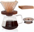 Pour Over Coffee Maker 600ml Borosilicate Glass Drip Coffeemaker Server Set with 100pcs V60 Cone Paper Filters Walnut Collar Glass Lid Clear Hand Brew Dripper Carafe for Home Camping Travel 20.29oz