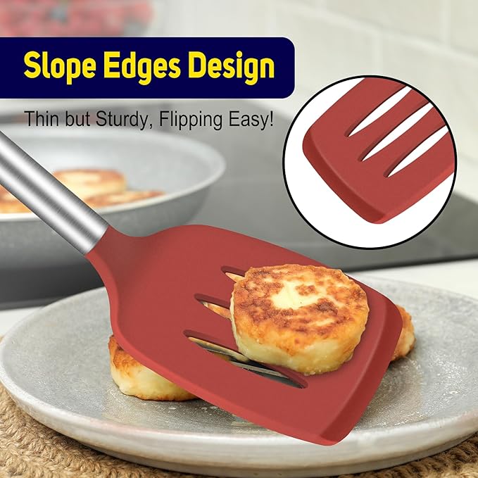 HOTEC Silicone Spatula Set of 2 Heat-Resistant 600°F & BPA-Free Kitchen SaptulaTurner with Stainless Steel Handles, Slotted & Solid Spatulas for Nonstick Cookware, 13.7 Inch, Red