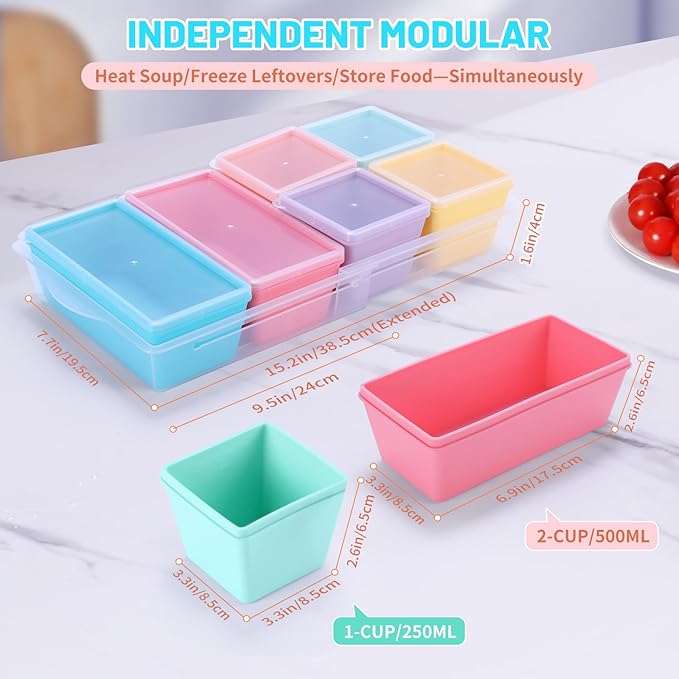 Gemice BPA-Free Silicone Freezer Molds with Base, Individual 6-Pack 1-Cup & 2-Cup Portion Soup Cubes Freezer Tray with Lids for Food Storage, Dishwasher Safe, Silicone Freezer Containers for Meal Prep