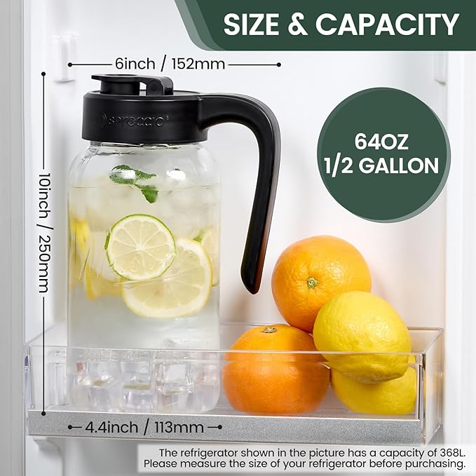 Mason Jar Pitcher - Airtight & Leakproof Glass Pitcher with Lid, Perfect for Breastmilk, Cold Brew, and Sun Tea, 2 Quart (64 oz) 1/2 Gallon Mason Jar with Pour Spout Lid