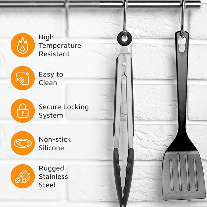 Popco 3-Piece Kitchen Tongs Set – Stainless Steel Heat Resistant Silicone Tips, Strong Comfort Grip, 3 Sizes (7, 9, 12 Inch), Non-Scratch, Dishwasher Safe, for Cooking, BBQ, Salad