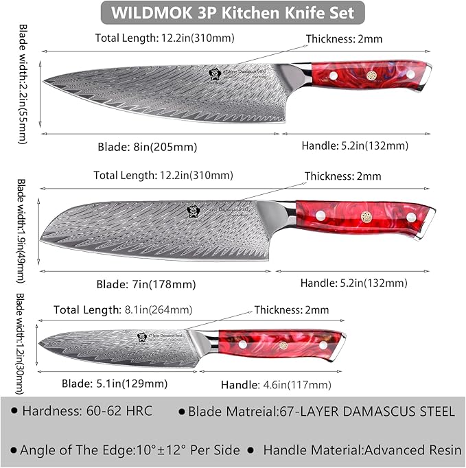 WILDMOK Damascus Kitchen Knife Sets 3 PCS, Razor Sharp Kitchen Knives Made of Japanese Damascus Steel, Well-Balanced Damascus Chef Knife set with Premium Resin Full Tang Handle Triple Rivet Gift Box