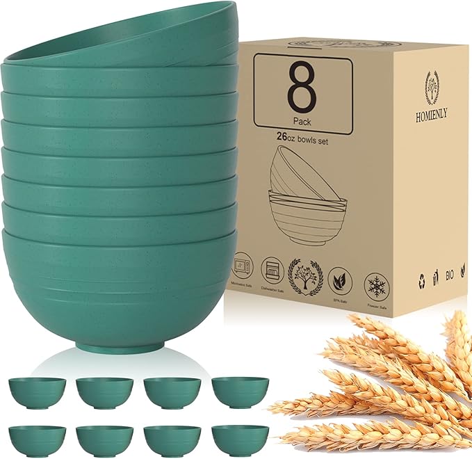 Homienly Wheat Straw Bowls, Cereal Bowls, Plastic Bowl Alternative, Set of 8, Unbreakable Microwave Safe Bowls for Soup, Salad, Dinner, Cereal, Snack, Dishwasher Safe for Kitchen, Party (Green, 26 OZ)