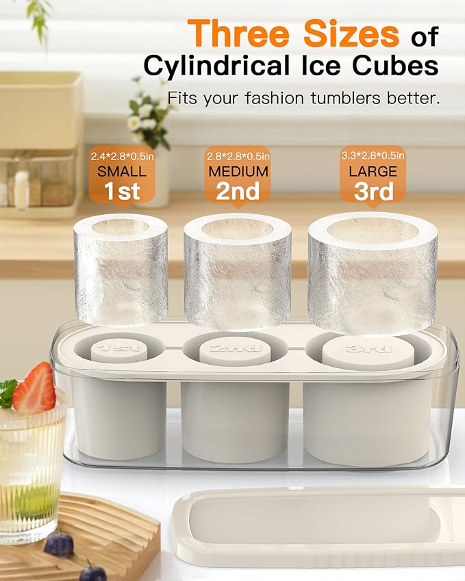 Ice Cube Tray for Tumbler Cup 30Oz-40Oz, 3 Pcs Silicone Cylinder Ice Mold with Lid and Bin for Freezer, Easy Fill and Release Ice Maker for Whiskey, Cocktail BPA-Free (White, 40Oz)