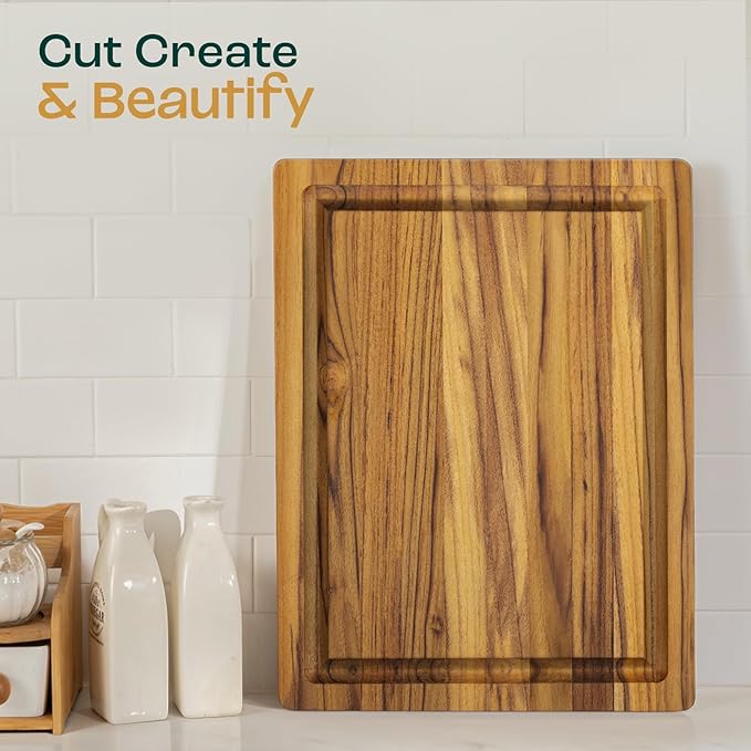 Yes4All Solid Teak Cutting Boards for Kitchen, [17''L x 13''W x 1.5” Thick] Medium Edge Grain Butcher Block Cutting Board, Food Safe Surface Wood Cutting Boards with Juice Grooves and Easy Grip Handle