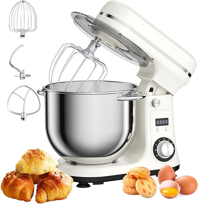 Biolomix Kitchen Electric Stand Mixer, 6 Speed Tilt Head Food Mixer with 6.5 QT Stainless Steel Bowl, Dough Hook, Flat Beater, Whisk and Anti Splash Cover, (6.5QT, White)