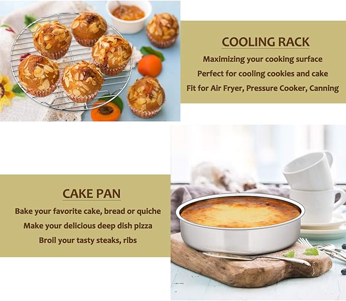 E-far 8-inch Round Cake Pan with Rack Set, Stainless Steel Cake Pans Tins and Baking Cooling Racks, Non Toxic & Healthy, Mirror Polished & Dishwasher Safe - 4 Pieces (2 Pans + 2 Racks)