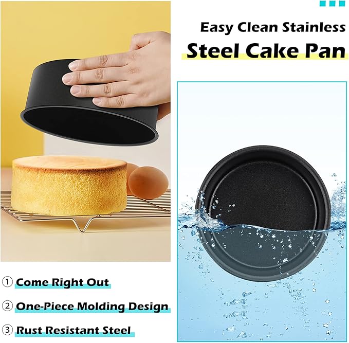 LIANYU 6 inch Cake Pans for Baking, Round Cake Pan Set of 4, Nonstick Stainless Steel Baking Tin Bakeware for Birthday Wedding Party, Non Toxic Coating, 3 Inch Deep, Black
