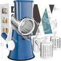 Cambom Rotary Cheese Grater Hand Crank Cheese Shredder for Fresh Cheese, Vegetable, Nuts,Non-slip Suction Base, Free Cleaning Brush Three Blades,Deep Blue