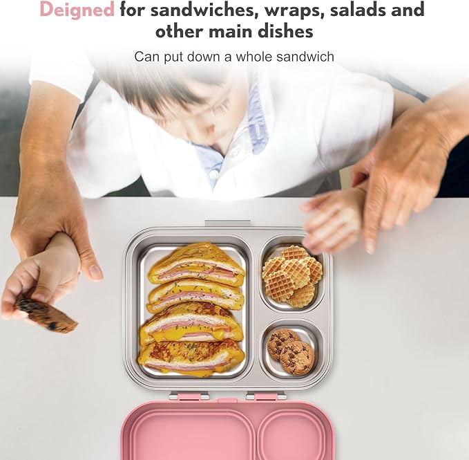 Stainless Steel Bento Box Kids, Leak Proof Metal Bento Lunch Box,3 Compartments 304 Stainless Steel Bento Lunch Containers for School and Office, BPA-Free(Pink)