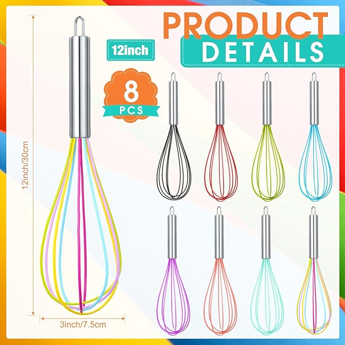 Domensi 8 Pcs 12 Inch Whisks Bulk for Cooking Silicone Whisks Non Scratch Stainless Steel Hand Coated Metal Heat Resistant Egg Beaters for Classroom Cook Party Favor Gift Supplies